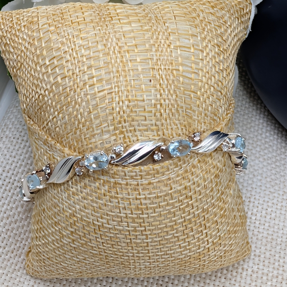 925 Sterling Silver Blue Topaz & CZ Link Bracelet 8” | Twisted Leaf Design - Picture 8 of 16